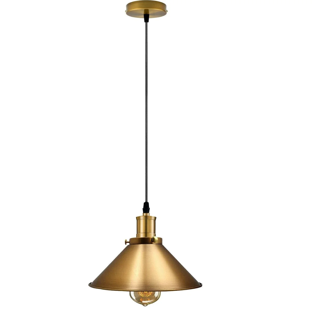 Yellow brass pendant light hanging from a ceiling, featuring a metal cage dome and long 95cm cable