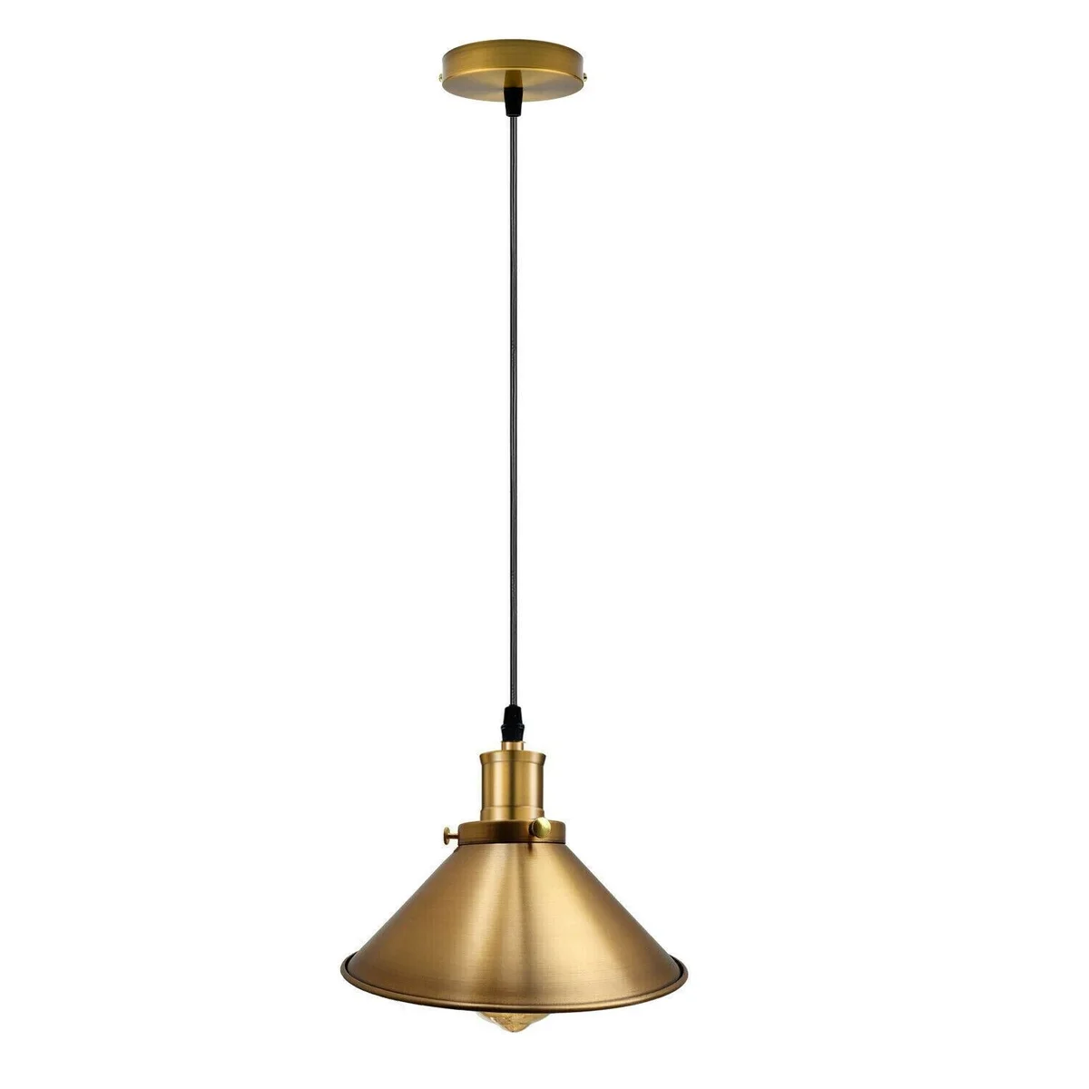 Yellow brass pendant light with sleek metal dome shade hanging from metal base, showcasing industrial style finish.
