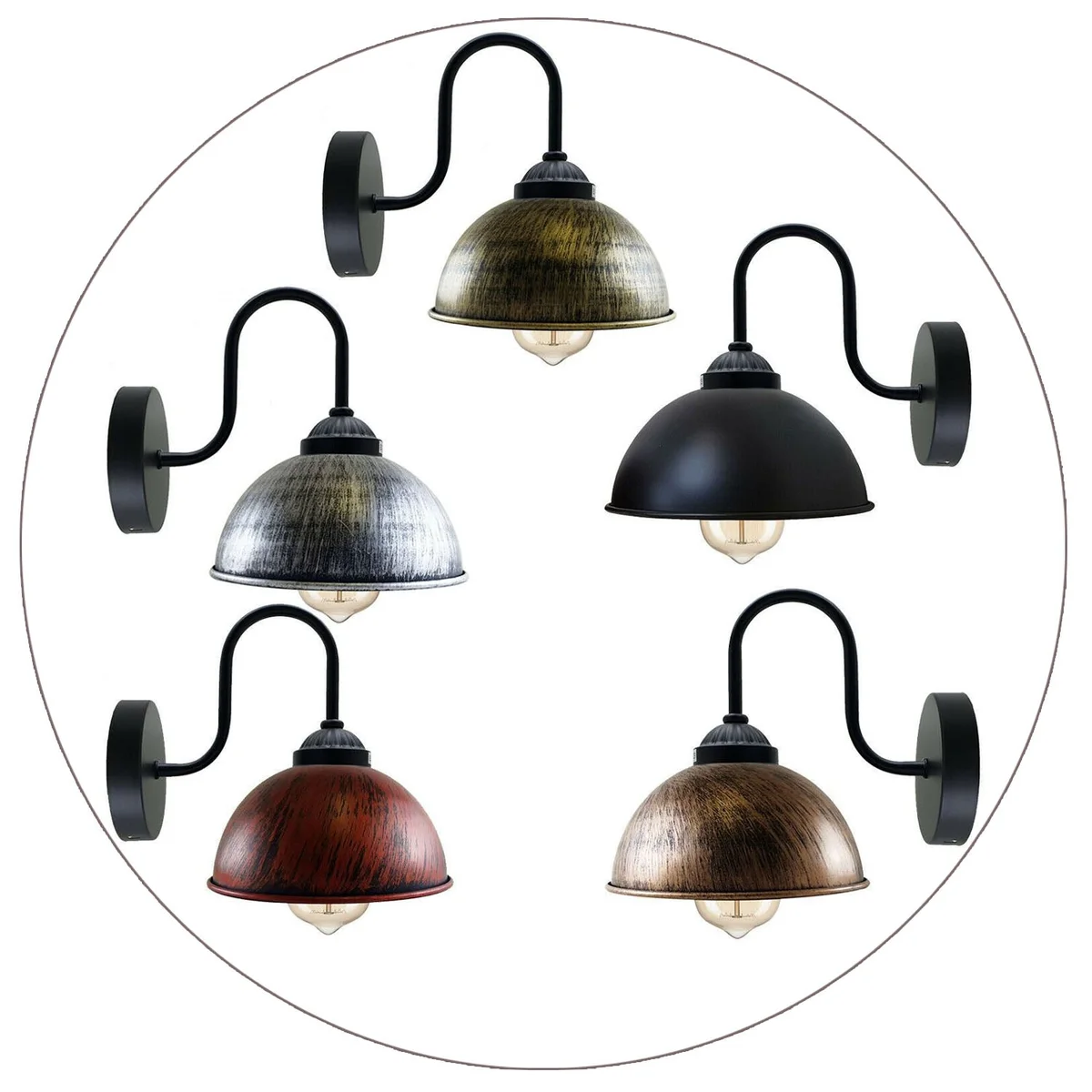 Retro wall lamp with dome metal shade on wall, featuring E27 holder and light arm in rustic industrial style.