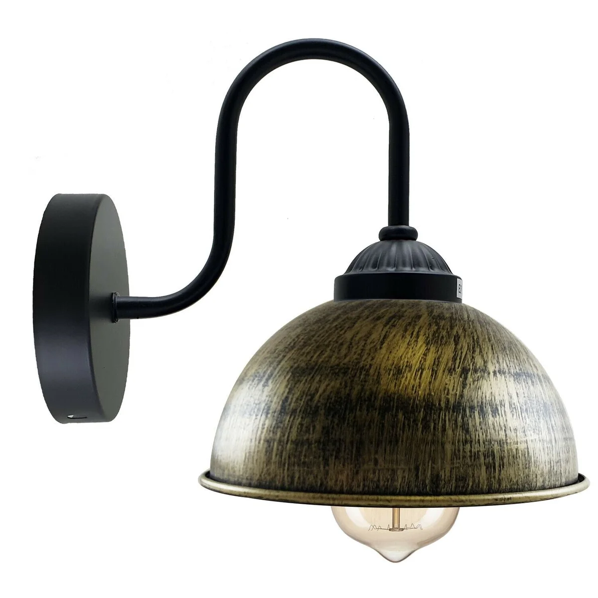 Metal wall lamp with dome metal shade, E27 socket, attached light arm, elegant rustic design against a wall