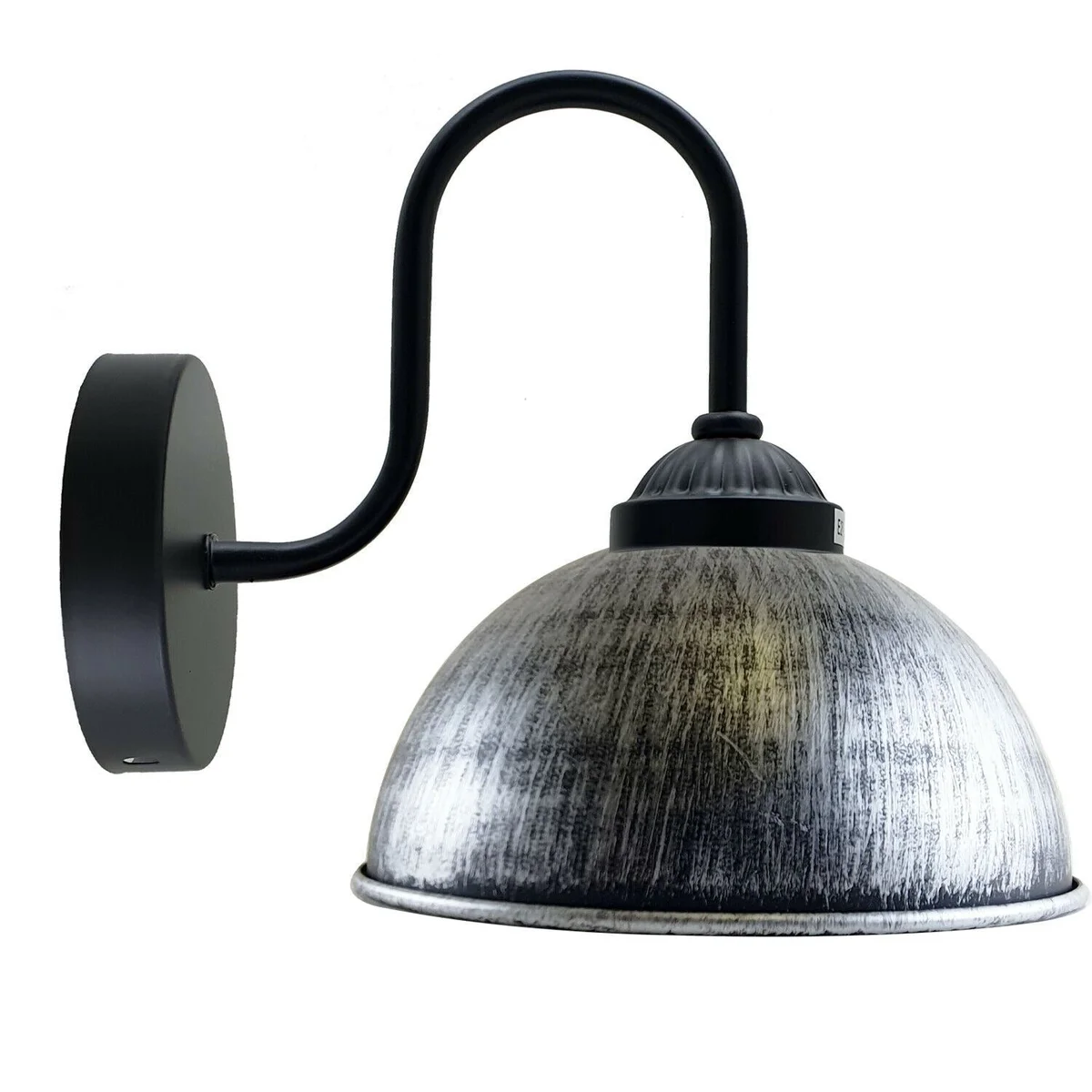 Retro wall lamp with metal dome shade, E27 holder on wall.