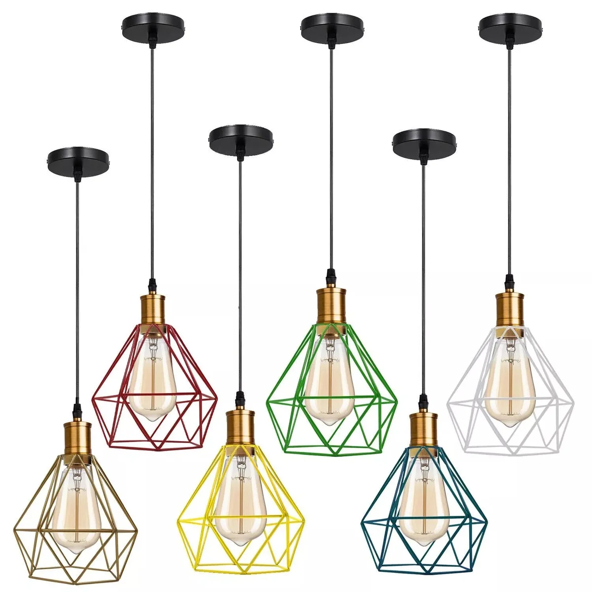 Modern diamond cage pendant light with open geometric metal cage, hanging from ceiling, 10cm base, available in several colours.