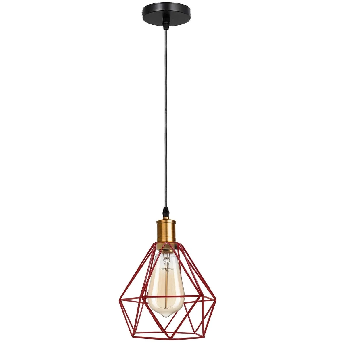 Metallic diamond cage pendant light with open geometric housing, showcasing a sleek modern pendant lighting fixture in a kitchen.