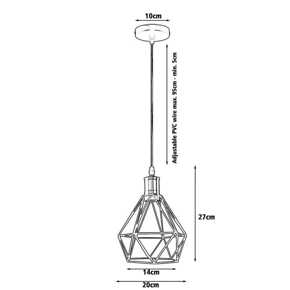 Modern diamond cage dimmable pendant light with open metal frame and geometric design.
