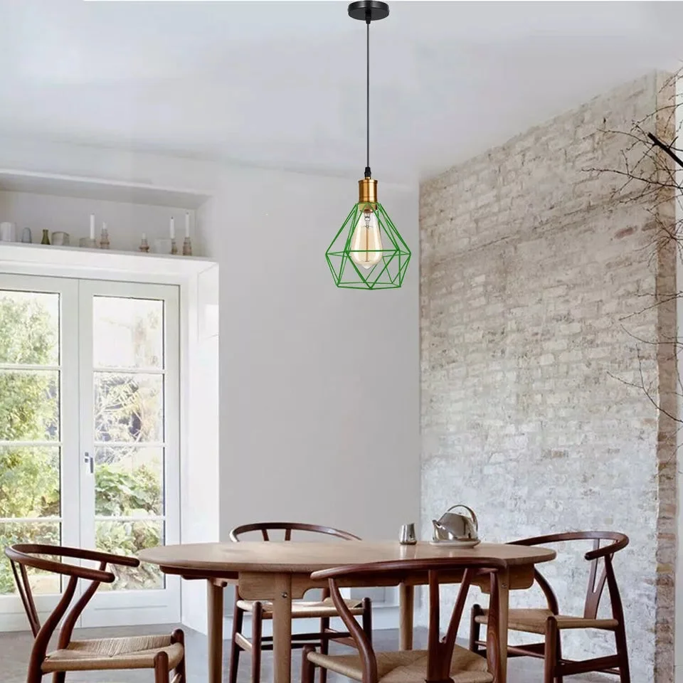 Modern diamond cage E27 pendant light with metal cage and PVC cable, available in gold, black, white.