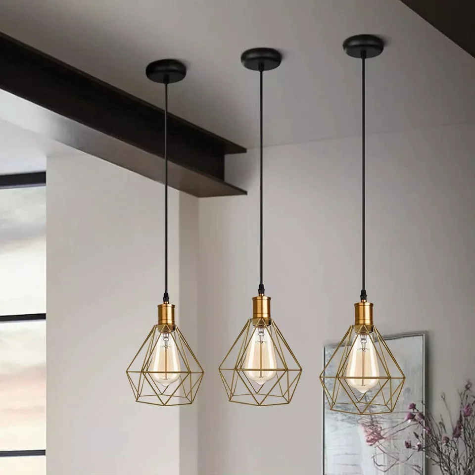 Gold metal diamond cage pendant light with PVC cable, ideal as a kitchen island pendant light