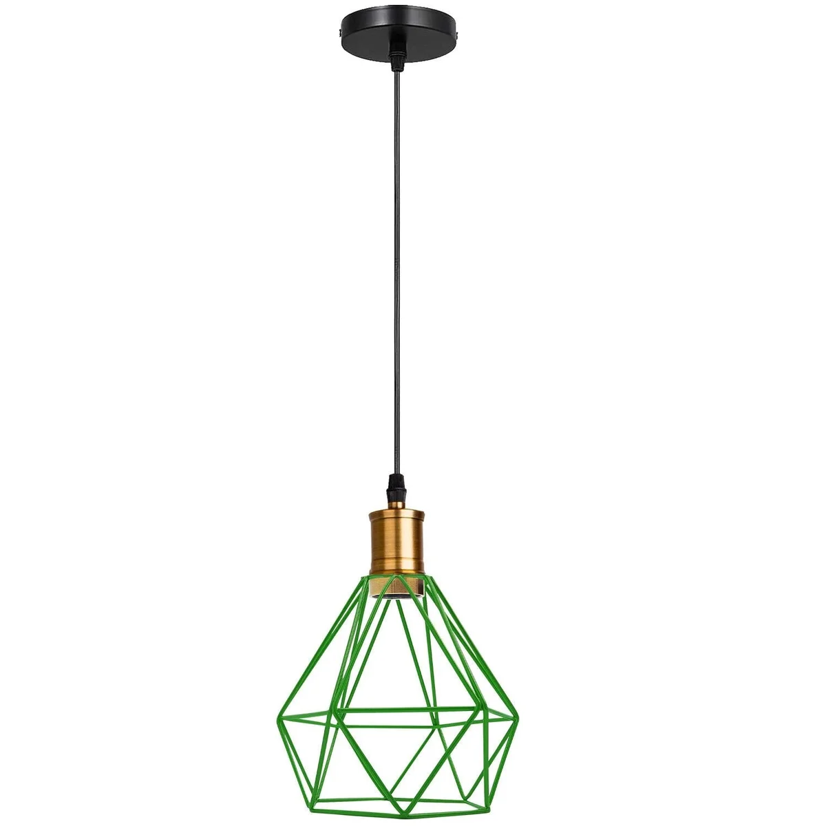 Metal cage pendant light with open diamond-shaped metal frame and hanging PVC cable, showcasing sleek modern design.