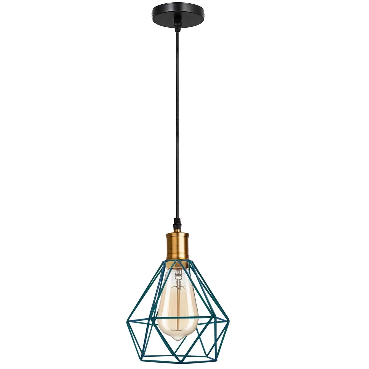 Diamond cage pendant light hanging from ceiling, metal geometric cage with slatted pattern, modern minimal style.