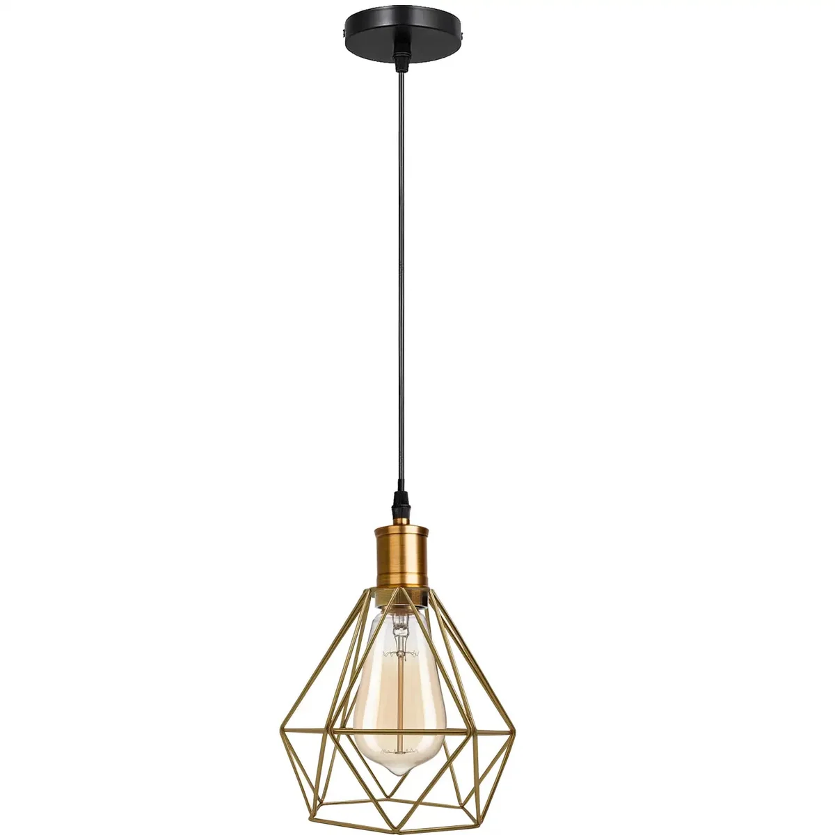 Diamond cage pendant light with metal frame and round holder, available in gold, black, white, dimmable E27 base.