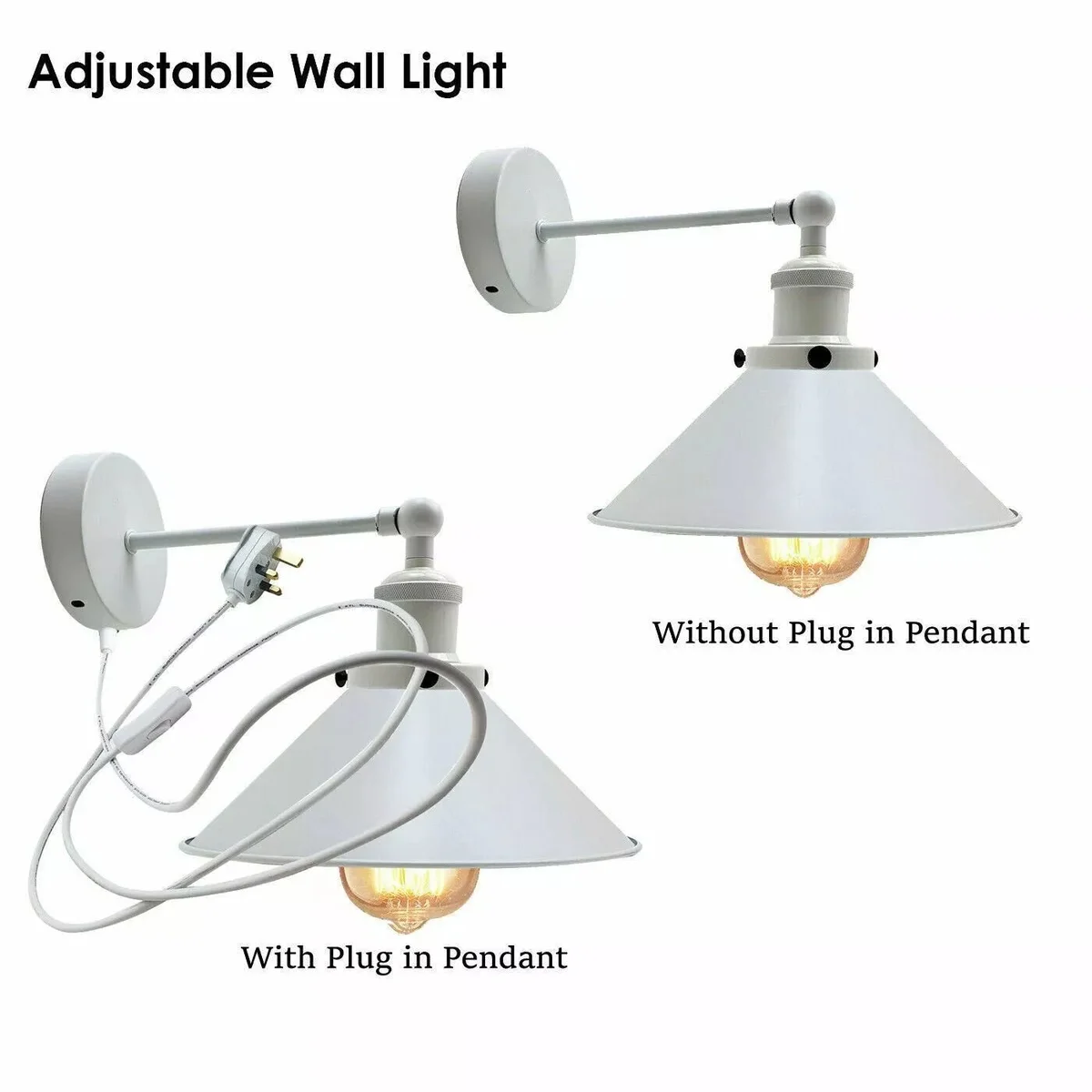 White iron bell‑shaped plug‑in bedside wall light with round lamp shade, mounted on wall, cable with UK plug visible.