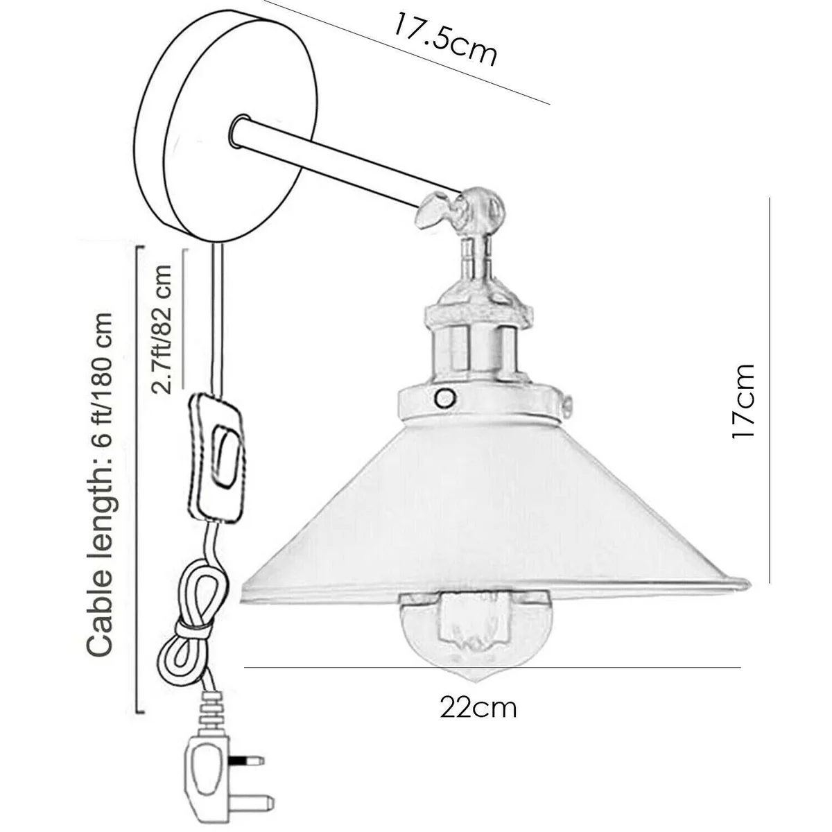 White industrial wall lamp with iron body, Nordic design, E27 socket, plug‑in cord, dimmer switch.