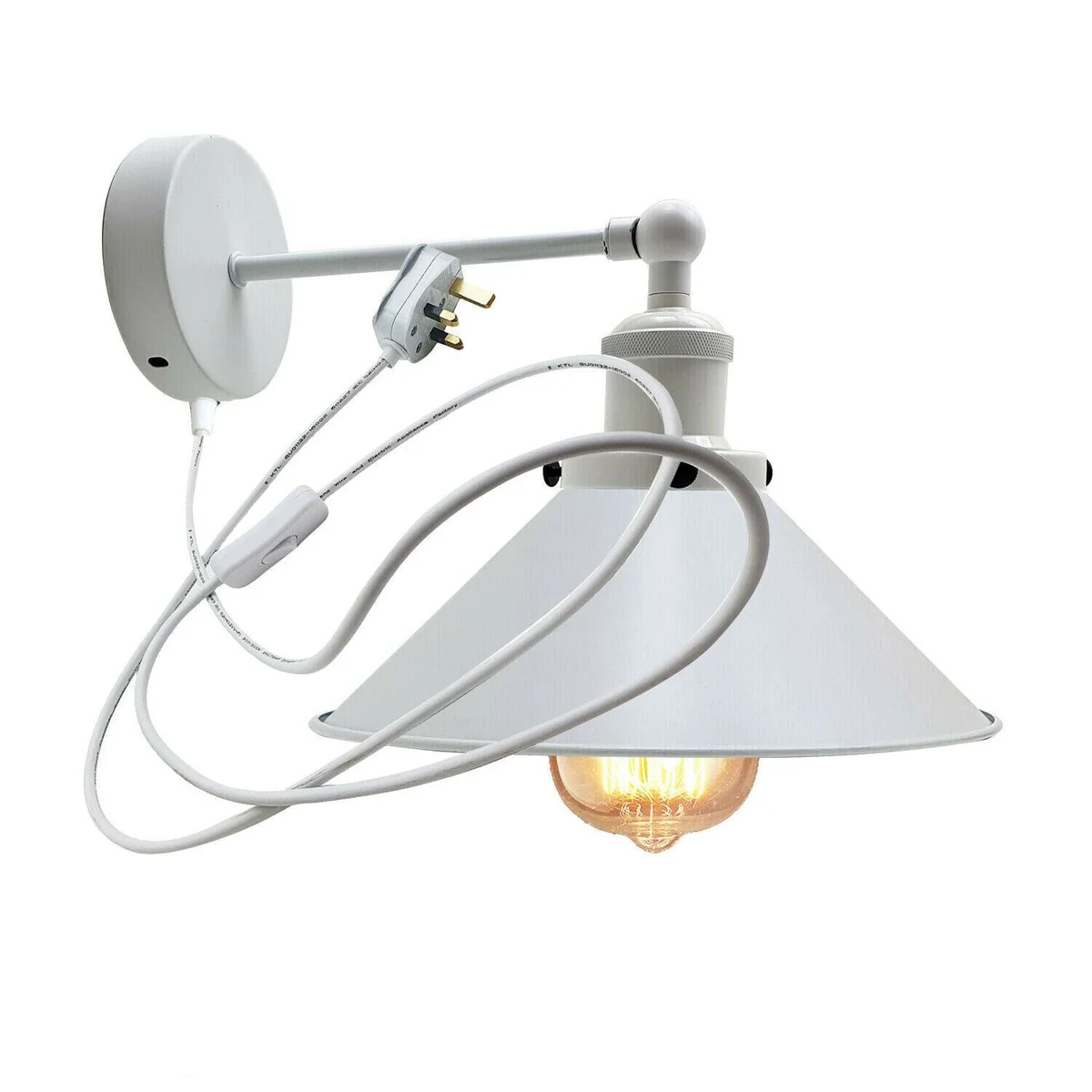 White iron wall sconce with lamp shade, modern plug in light mounted on wall.