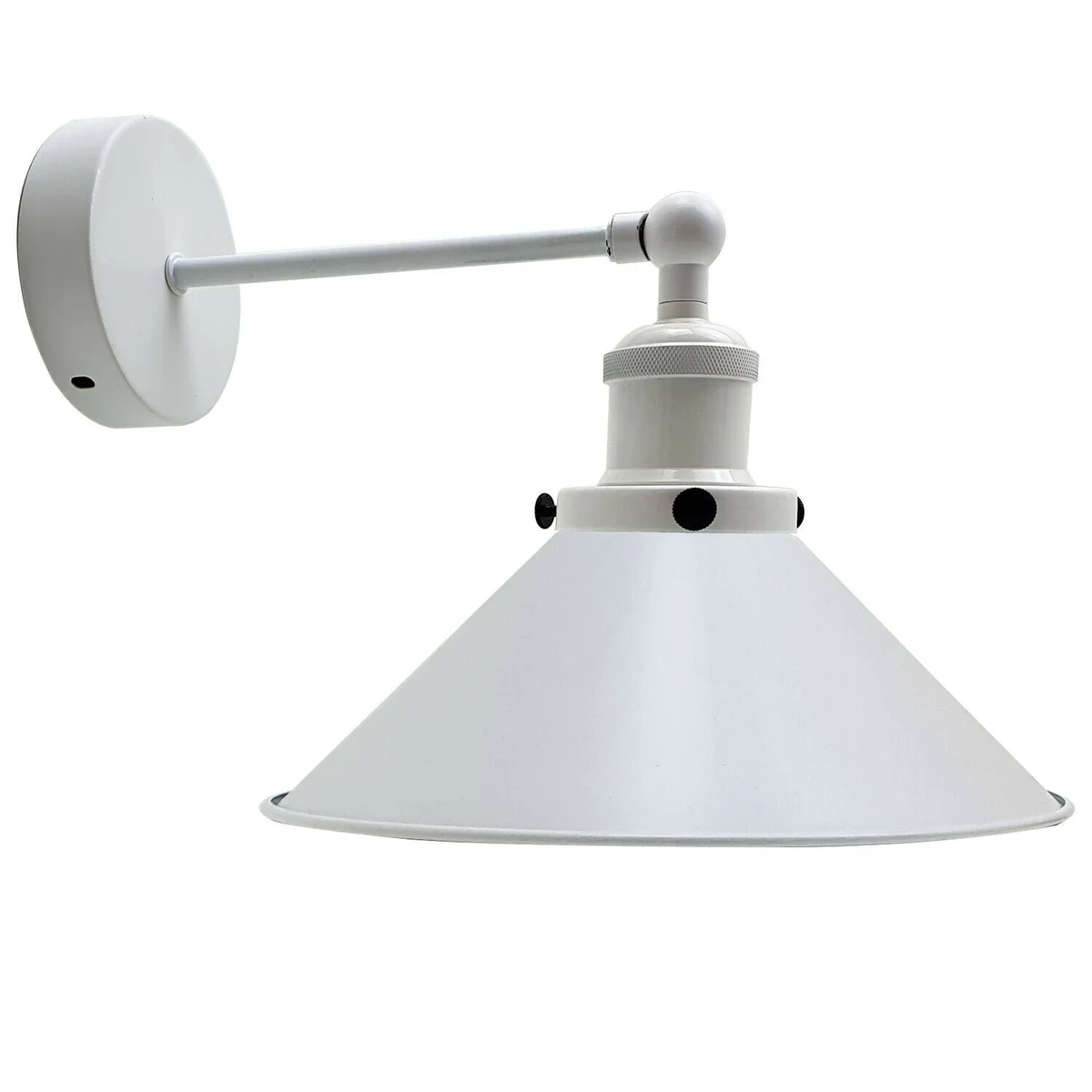 White plug in wall sconce with lamp shade on iron arm, mounted on wall.