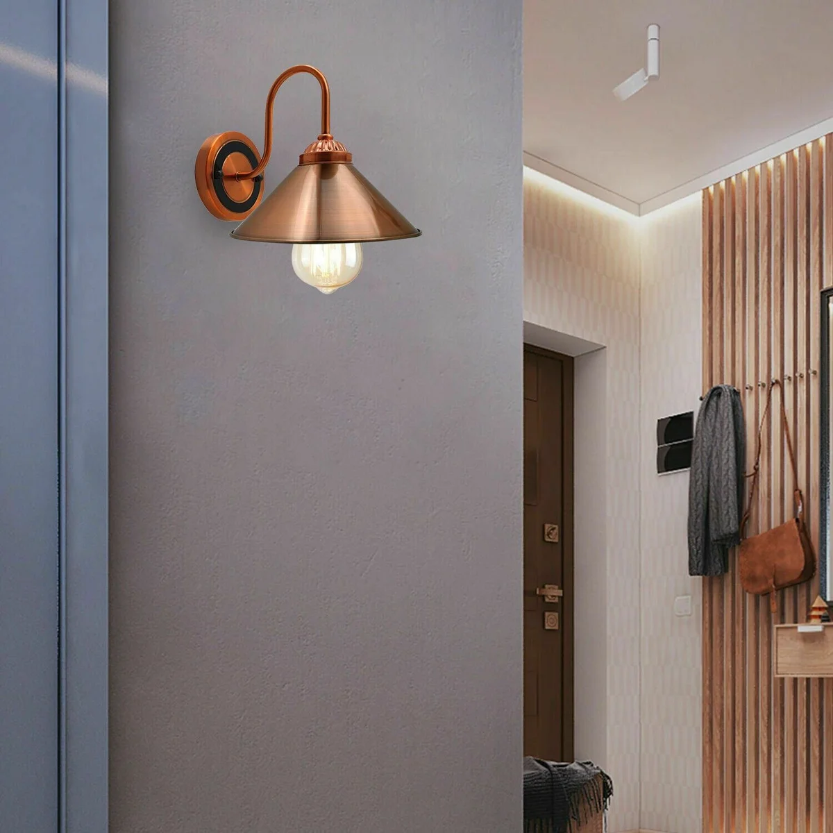 Modern copper wall sconce with industrial cage design, E27 base for indoor wall lighting.