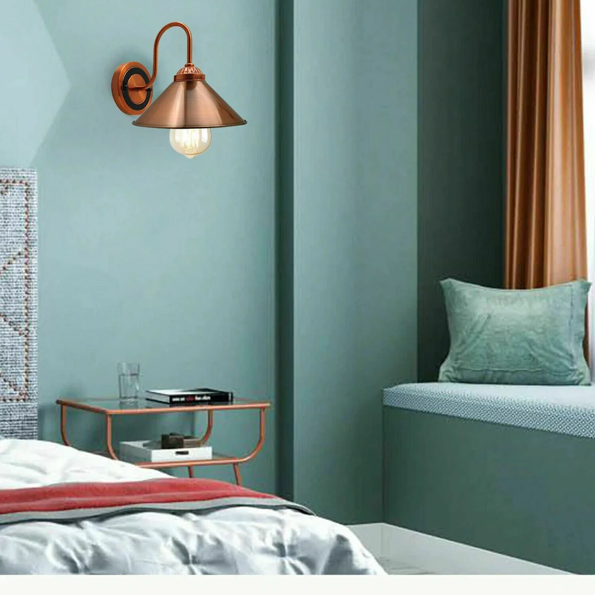 Retro cage lamp made of solid copper metal, featuring a neat wire cage and painted finish, mounted on a wall.