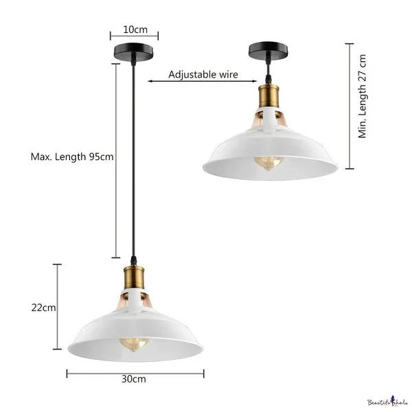 Black metal dome ceiling light with 30cm shiny dome, 95cm cable and E27 fitting, hanging from a white wall