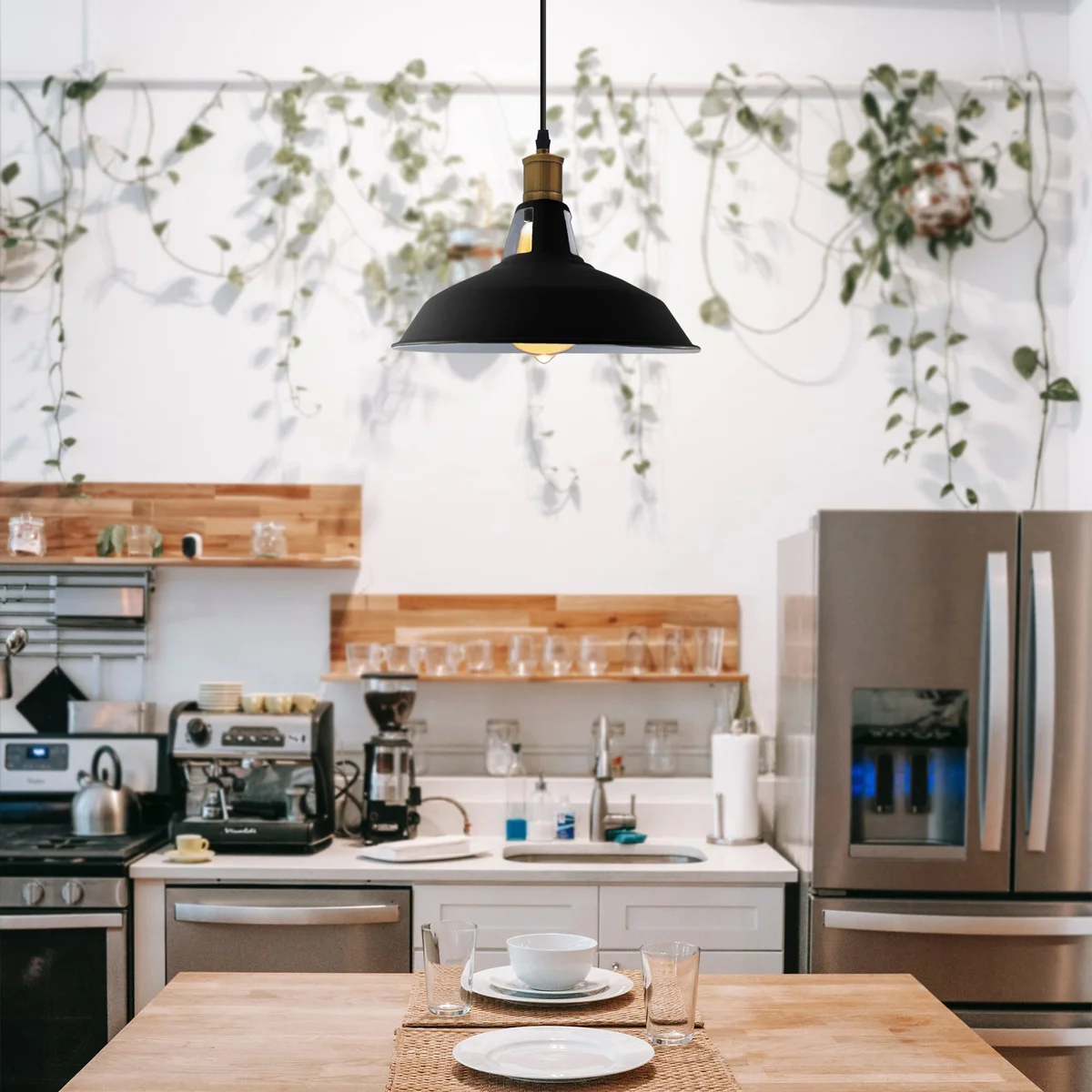 White industrial dome pendant light with 95cm PVC cable, showcased as an adjustable height pendant fixture.