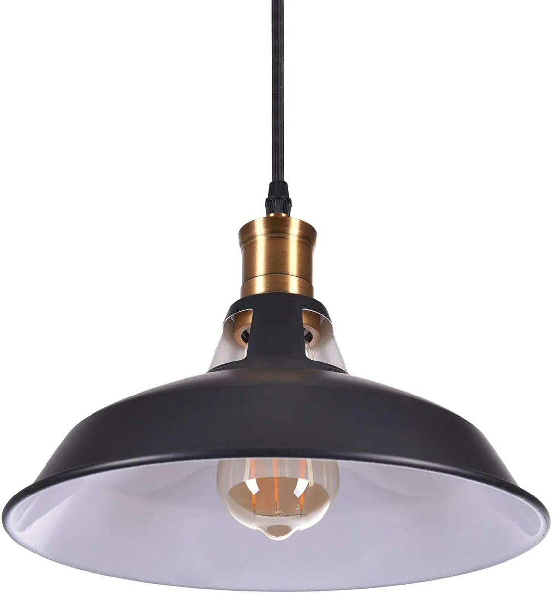 Industrial dome pendant light in vintage style, white metal and PVC, minimalist silhouette on ceiling.