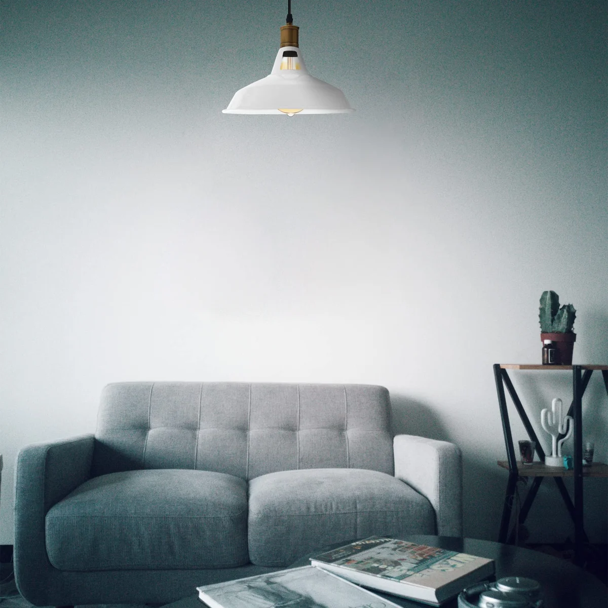 Industrial pendant light with a white metal and PVC dome shade hanging from a 95cm cable