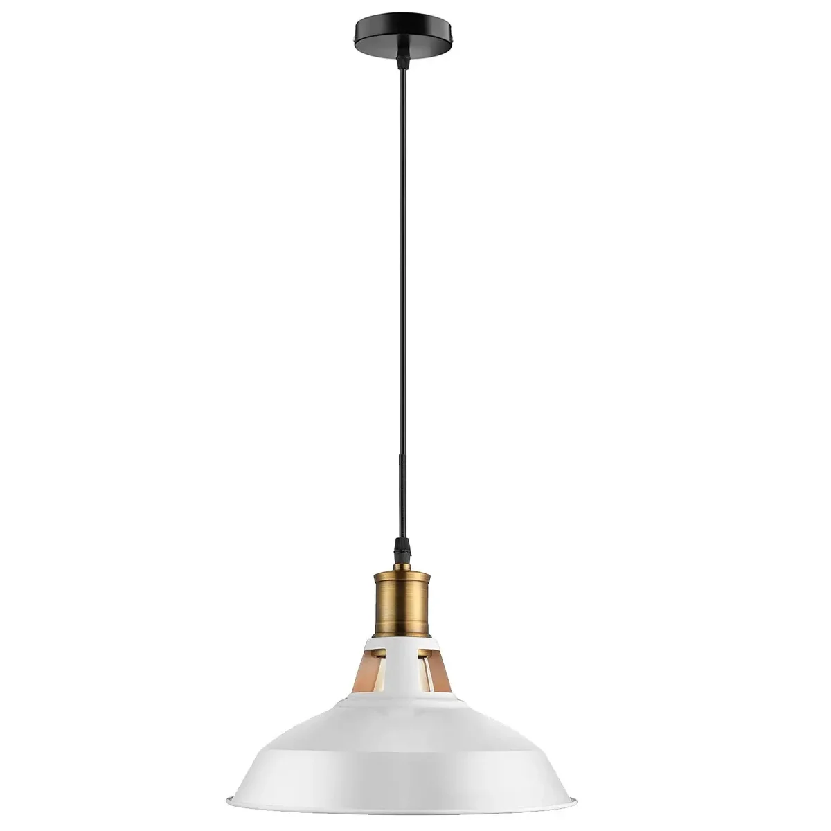 White industrial pendant light with minimalist metal dome, 30cm shade, 95cm PVC cable, E27 fitting