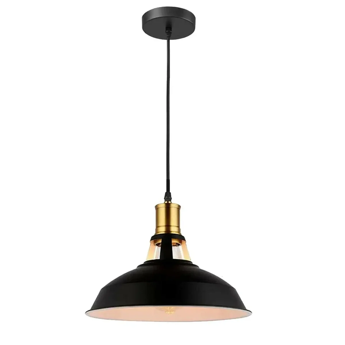 Industrial pendant light with white metal dome and PVC cable, minimalist metal silhouette, side view