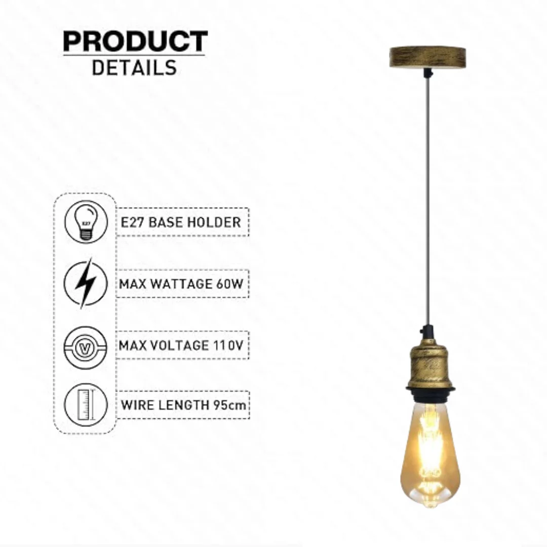 Retro industrial pendant cord flex kit with brushed brass ceiling rose (10 cm), 95 cm cable, and E27 lamp base.