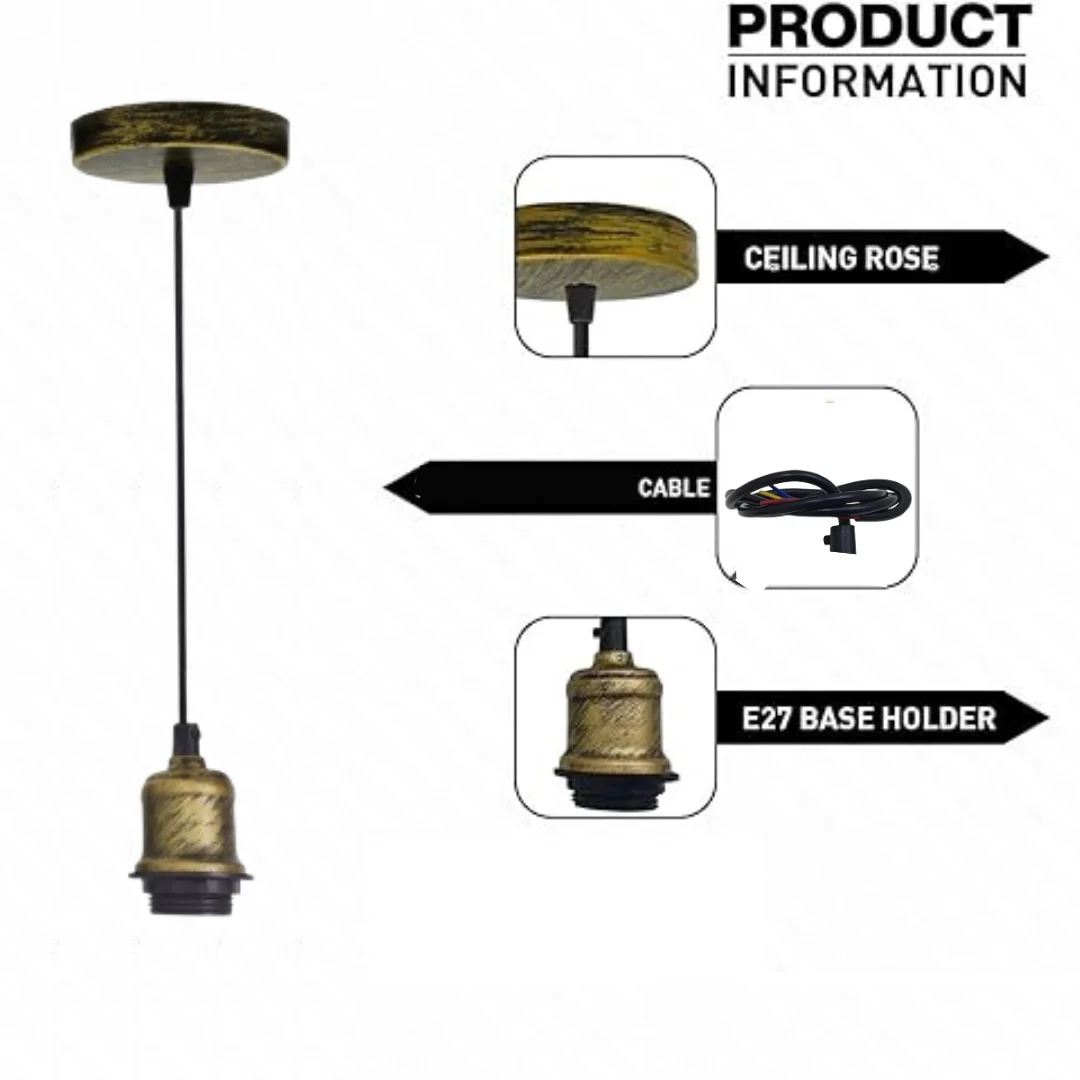 Vintage brushed brass E27 hanging lamp fitting kit with ceiling rose, light holder, 95 cm cable and assembly parts