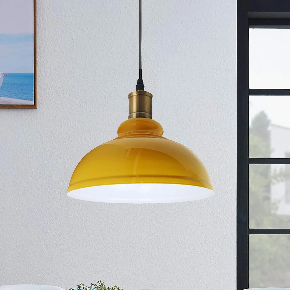 Industrial metal pendant light with black metal dome shade hanging from ceiling, 95cm PVC cable, classic modern style
