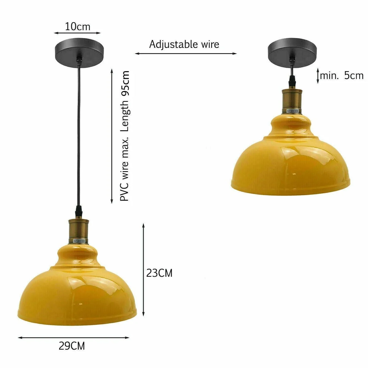 Vintage ceiling pendant light with metal dome shade, PVC cable, mounted on room ceiling – modern industrial design.