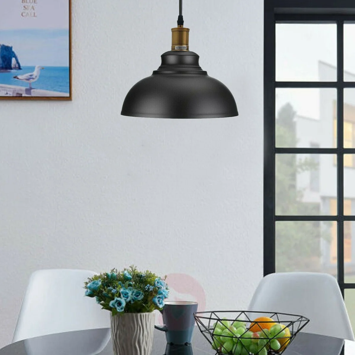 E27 pendant light fitting in black metal with PVC cable, hanging in a modern industrial style.