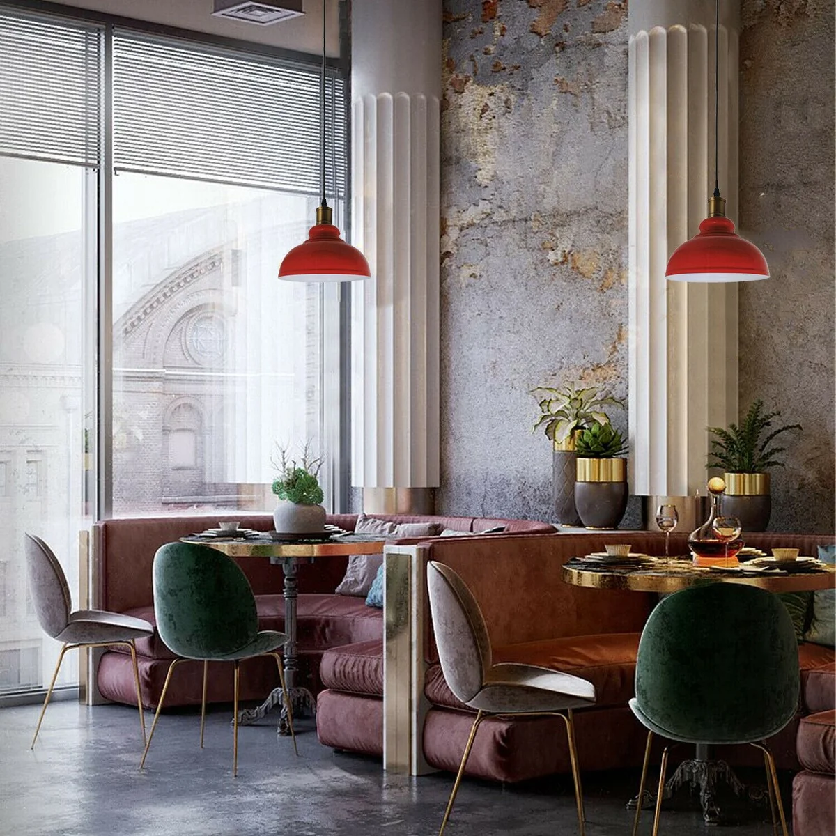 Industrial metal pendant light with dome lampshade hanging from ceiling, metal frame and curved shade.