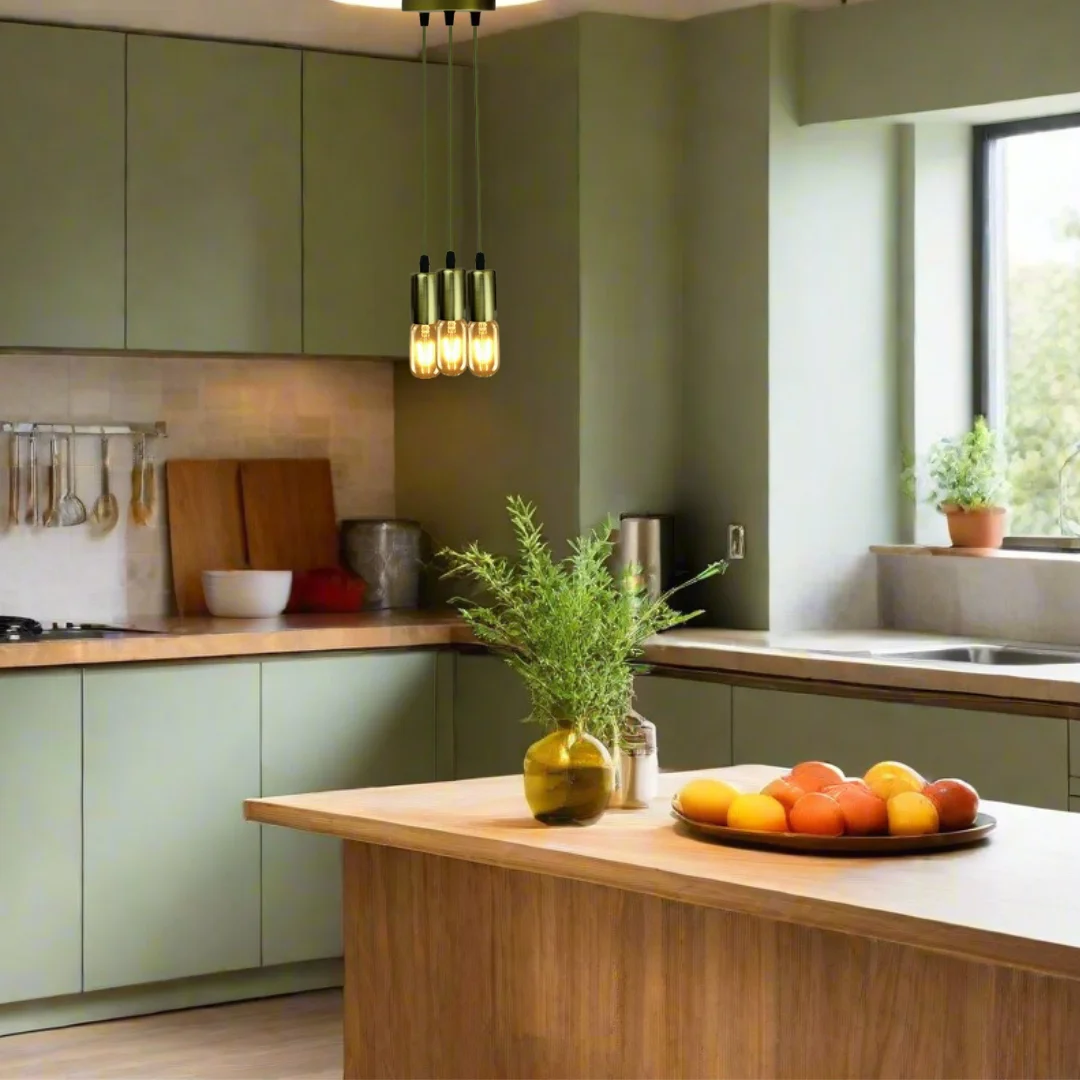 Golden pendant light with metal holder and 12 cm round rose, suspended by an adjustable 90 cm army green cord.