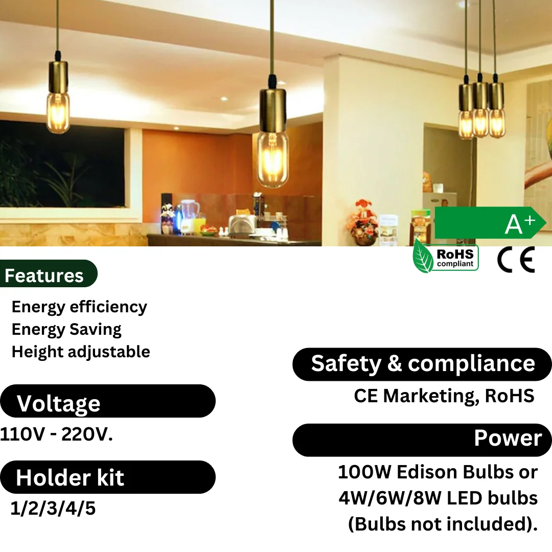 E27 light holder in gold metal with 12‑cm ceiling rose and 90‑cm army green cord