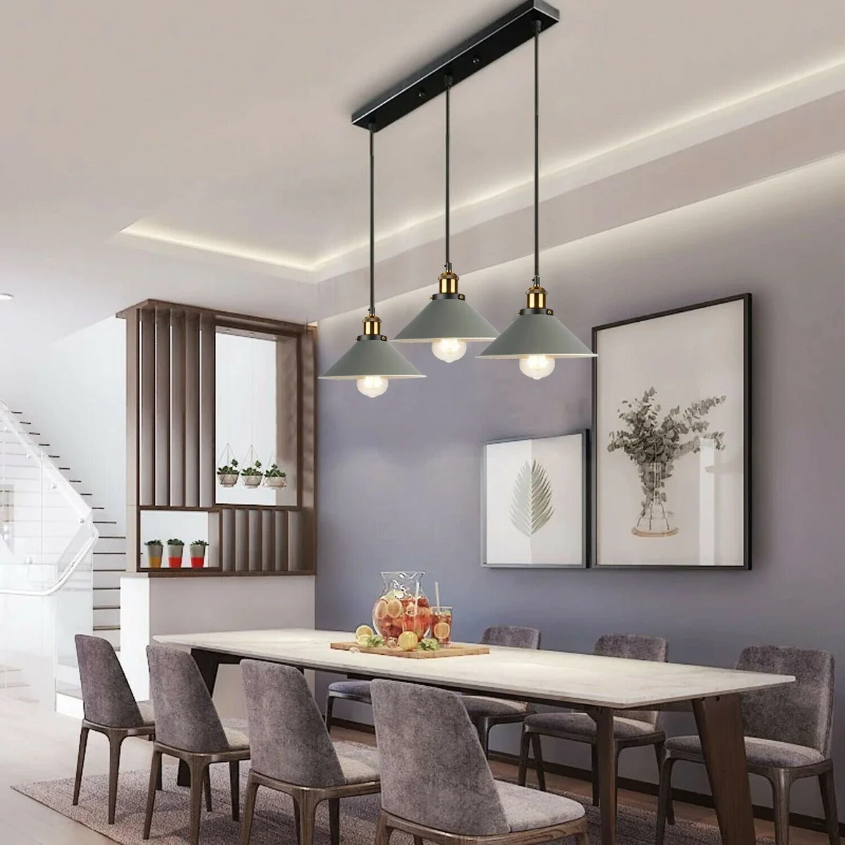 3 light pendant lamp: modern design with three metal cone shades hanging from adjustable cords below a ceiling rose.