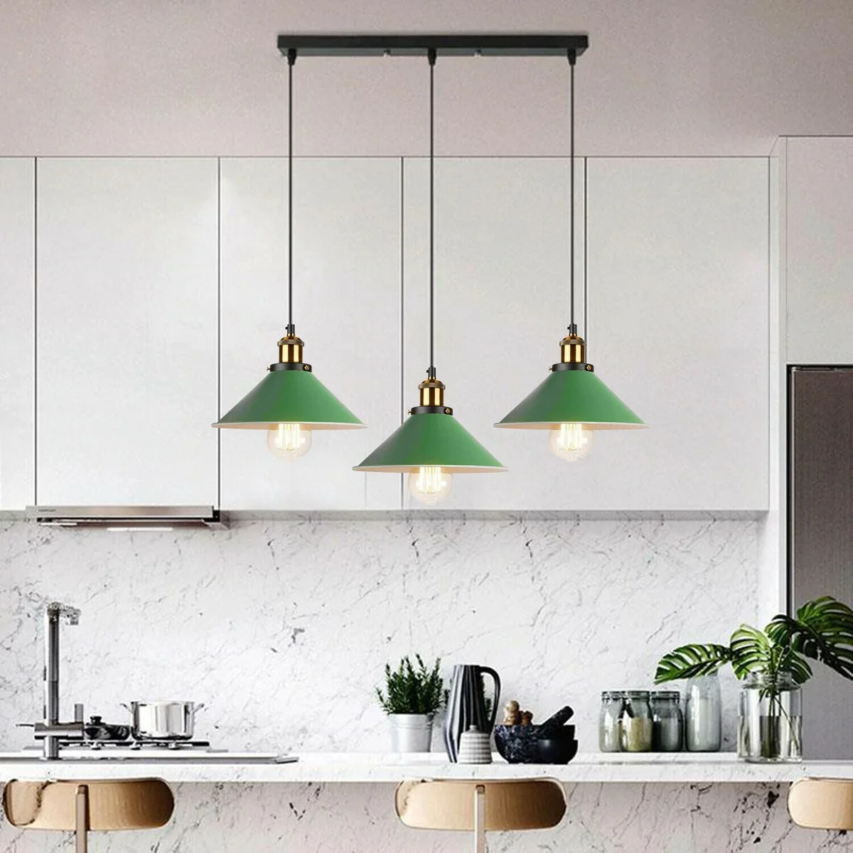 Adjustable hanging light with three black metal cone lampshades, long cords, and a 50cm ceiling rose.