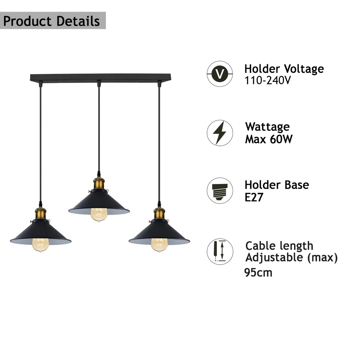 Industrial 3‑light metal lampshade ceiling light with adjustable cords, showcasing black and grey metal shades.