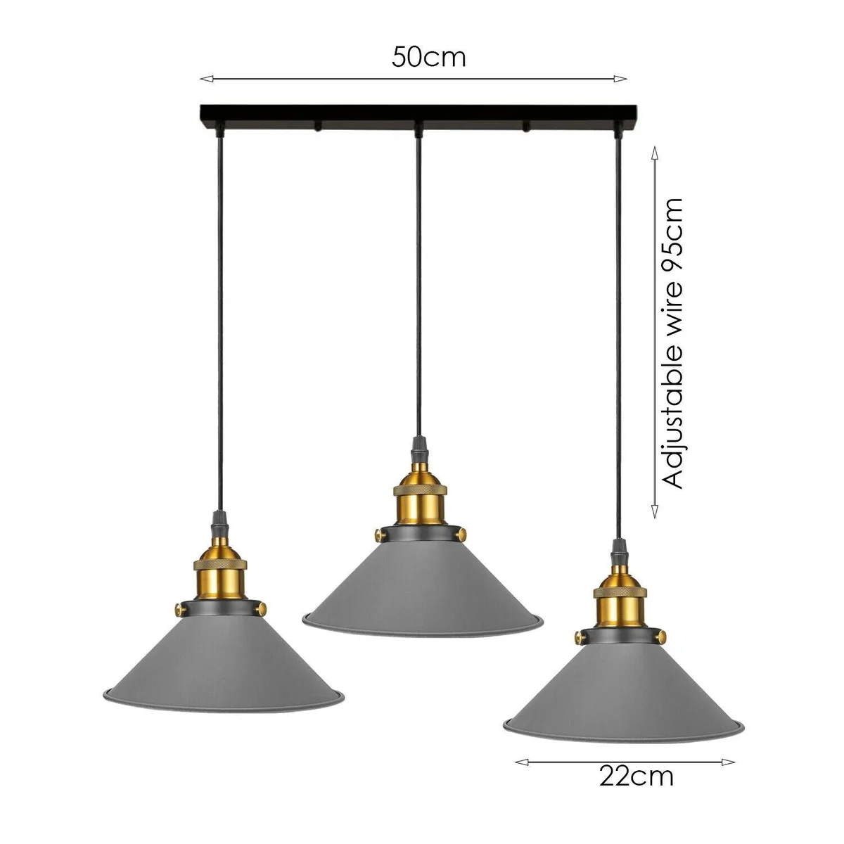 E27 bulb pendant light with three metal cone lampshades, adjustable 95 cm cords and 50 cm ceiling rose.