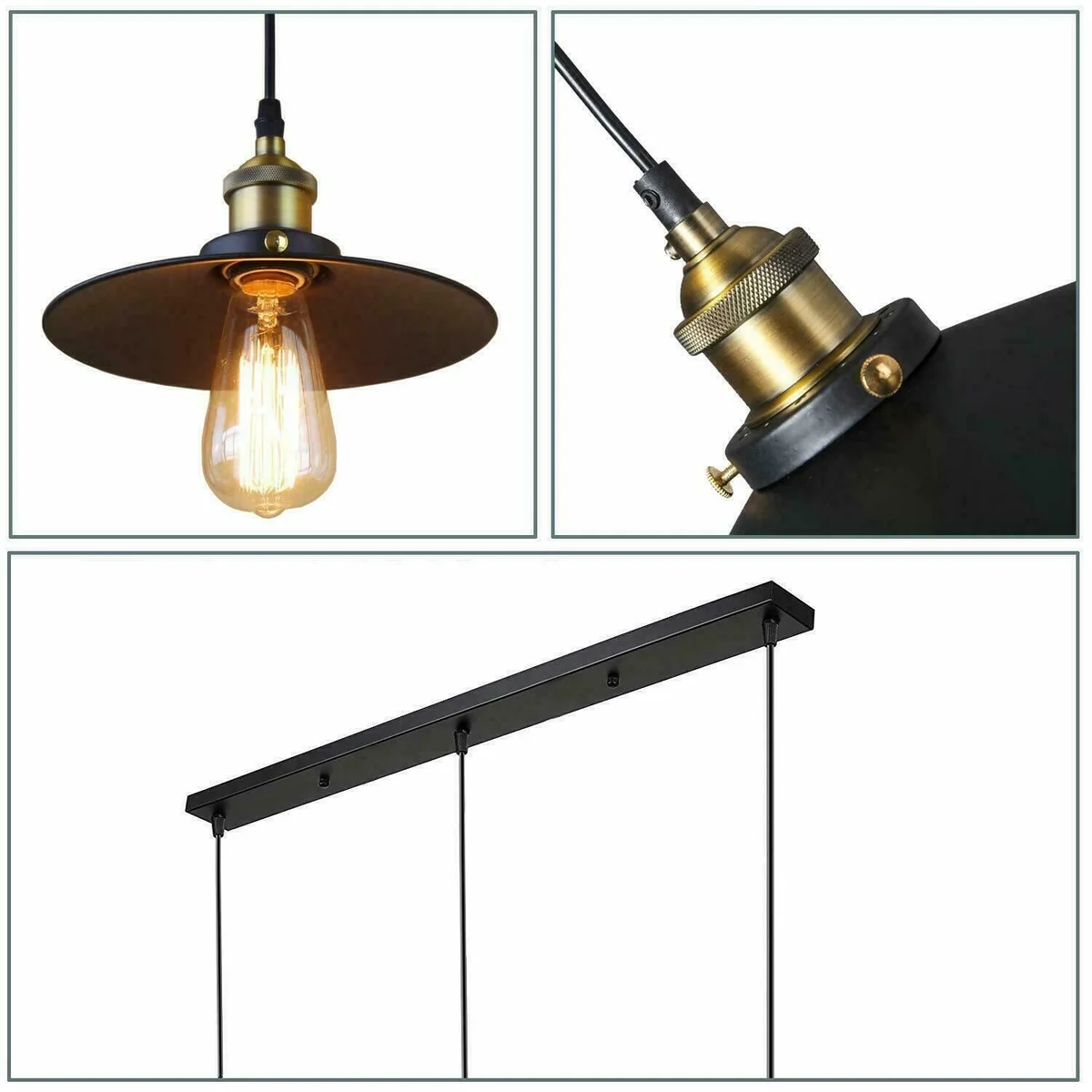 Industrial style pendant lamp with three black metal cone shades on adjustable cords.