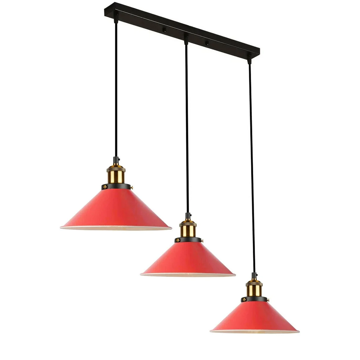 Three‑light vintage pendant lamp with metal cone shades in assorted colors hanging from adjustable cords.