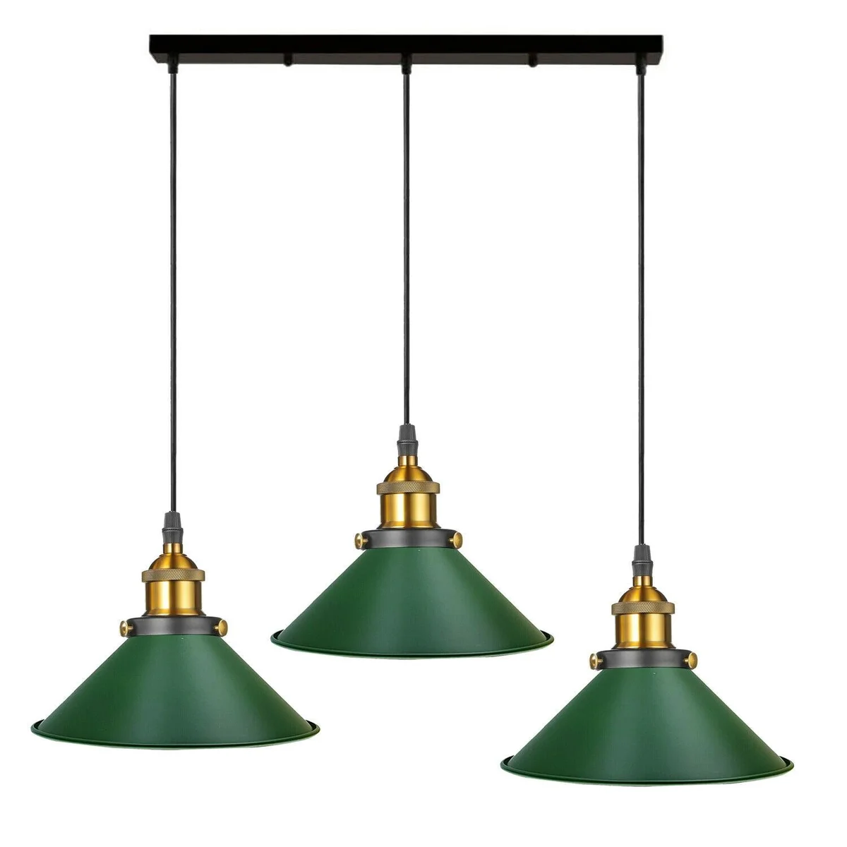 Vintage pendant light with three metal cone lampshades hanging from a ceiling rose, adjustable cords for kitchen