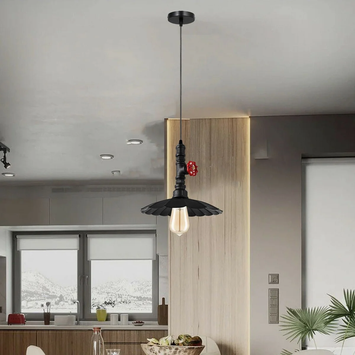 vintage industrial pendant light with black iron pipe and lampshade, E27 socket, suspended from ceiling.