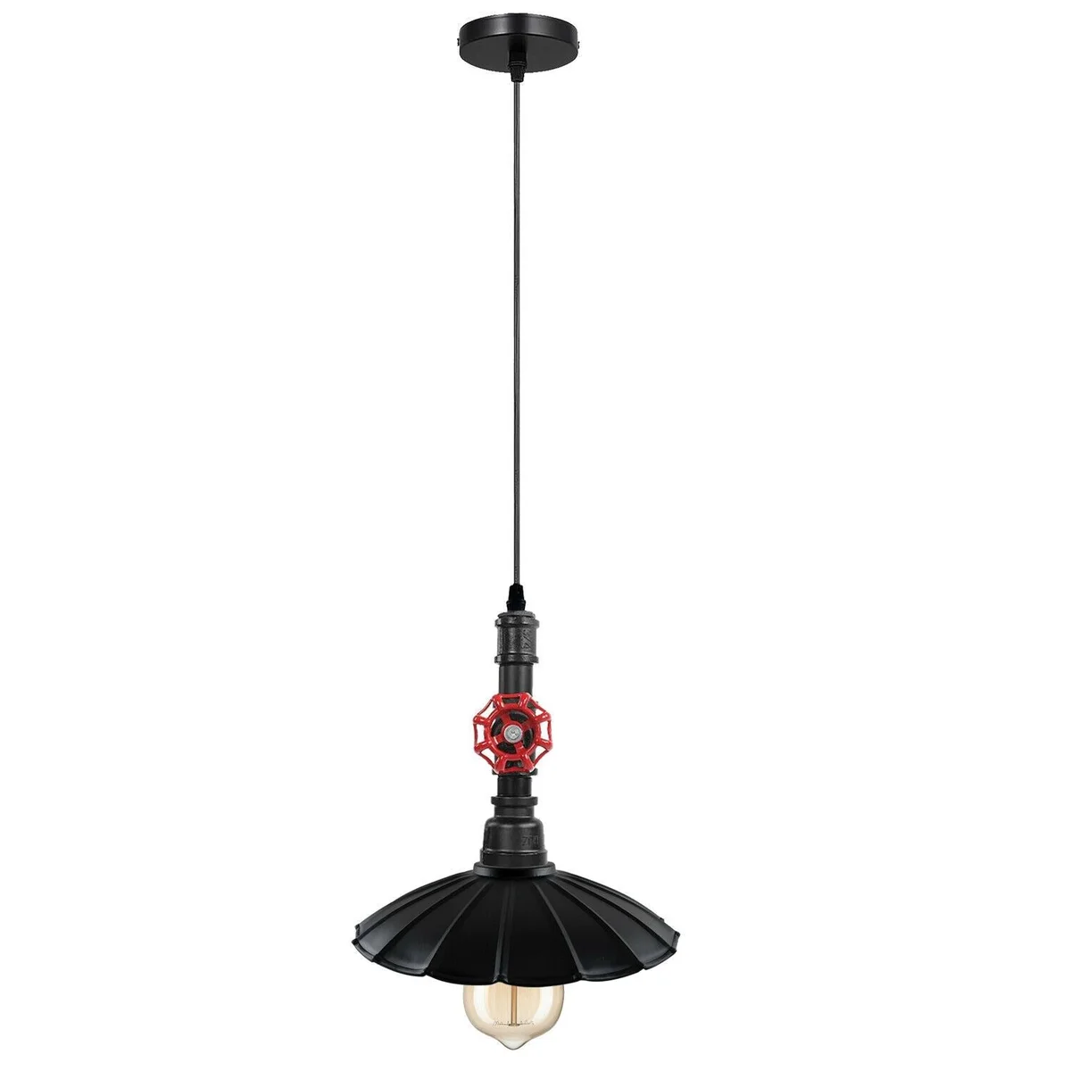 Black iron steampunk pipe lamp with porcelain socket, vintage industrial pendant style, designed for cafe or kitchen.