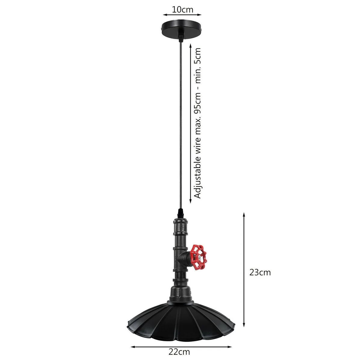 Black iron pipe industrial pendant with lampshade, mounted as an E27 base ceiling light.