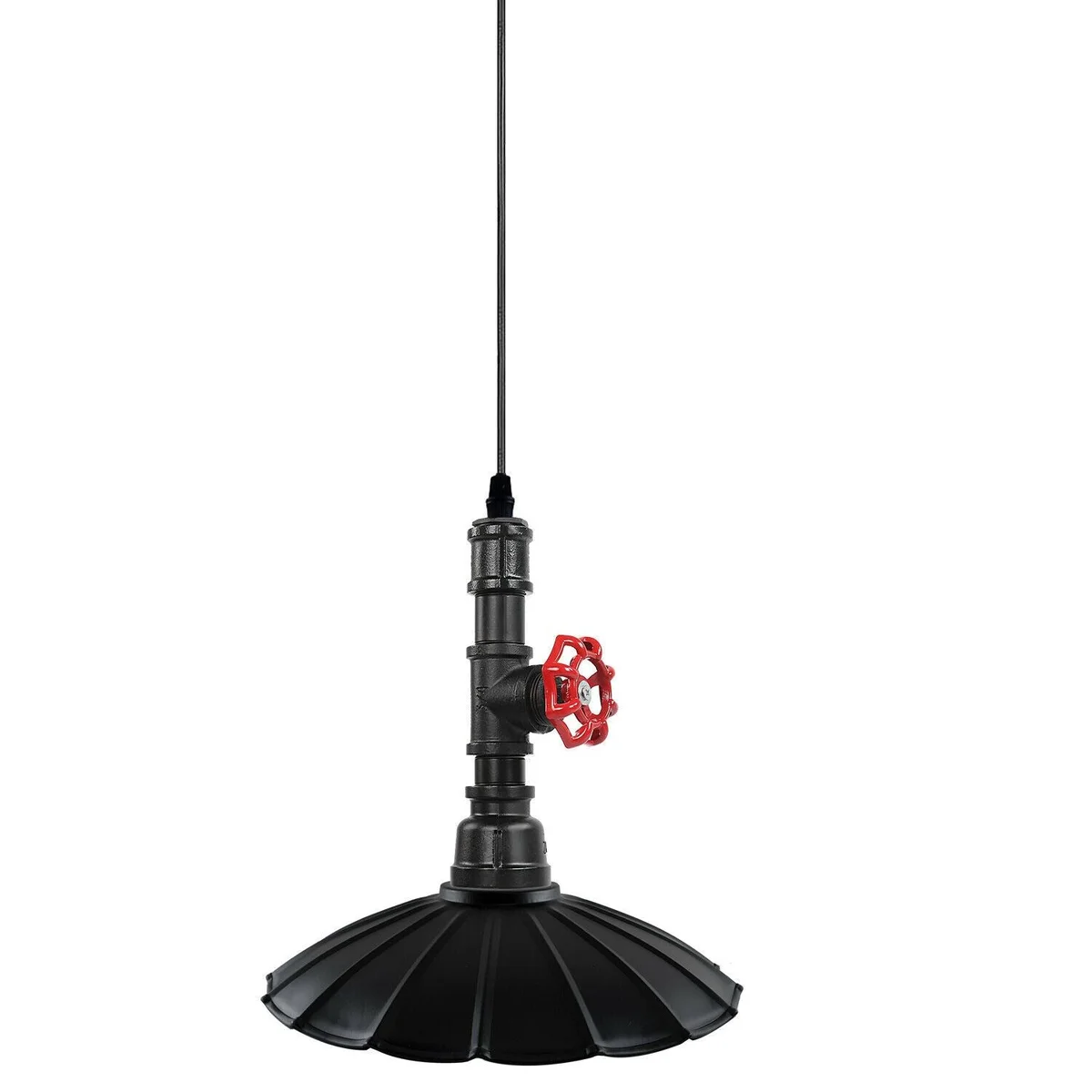 Black iron pendant lamp with industrial pipe frame and lampshade, E27 base, vintage retro style for cafés or kitchens.