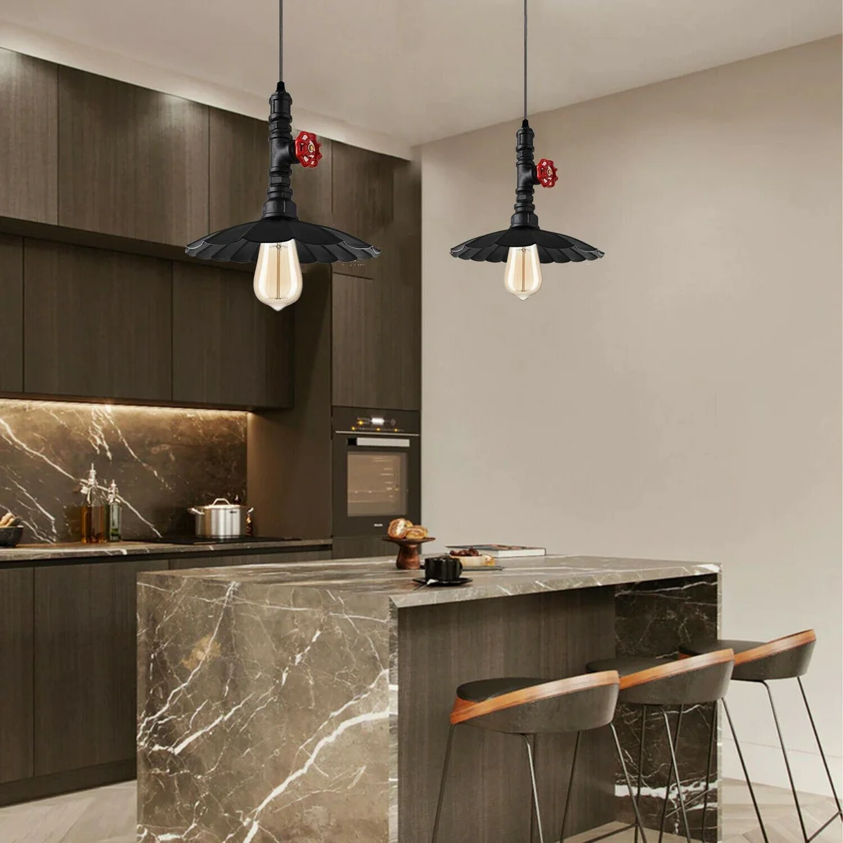Black iron industrial pipe pendant light with lampshade, suitable for cafe bar pendant lighting, hanging from ceiling.