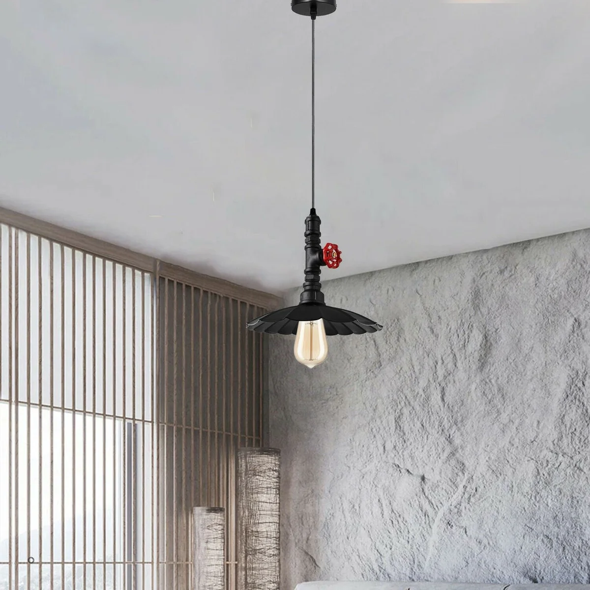 Black iron pipe vintage industrial pendant light with glass shade, E27 base, suitable for cafe and kitchen.
