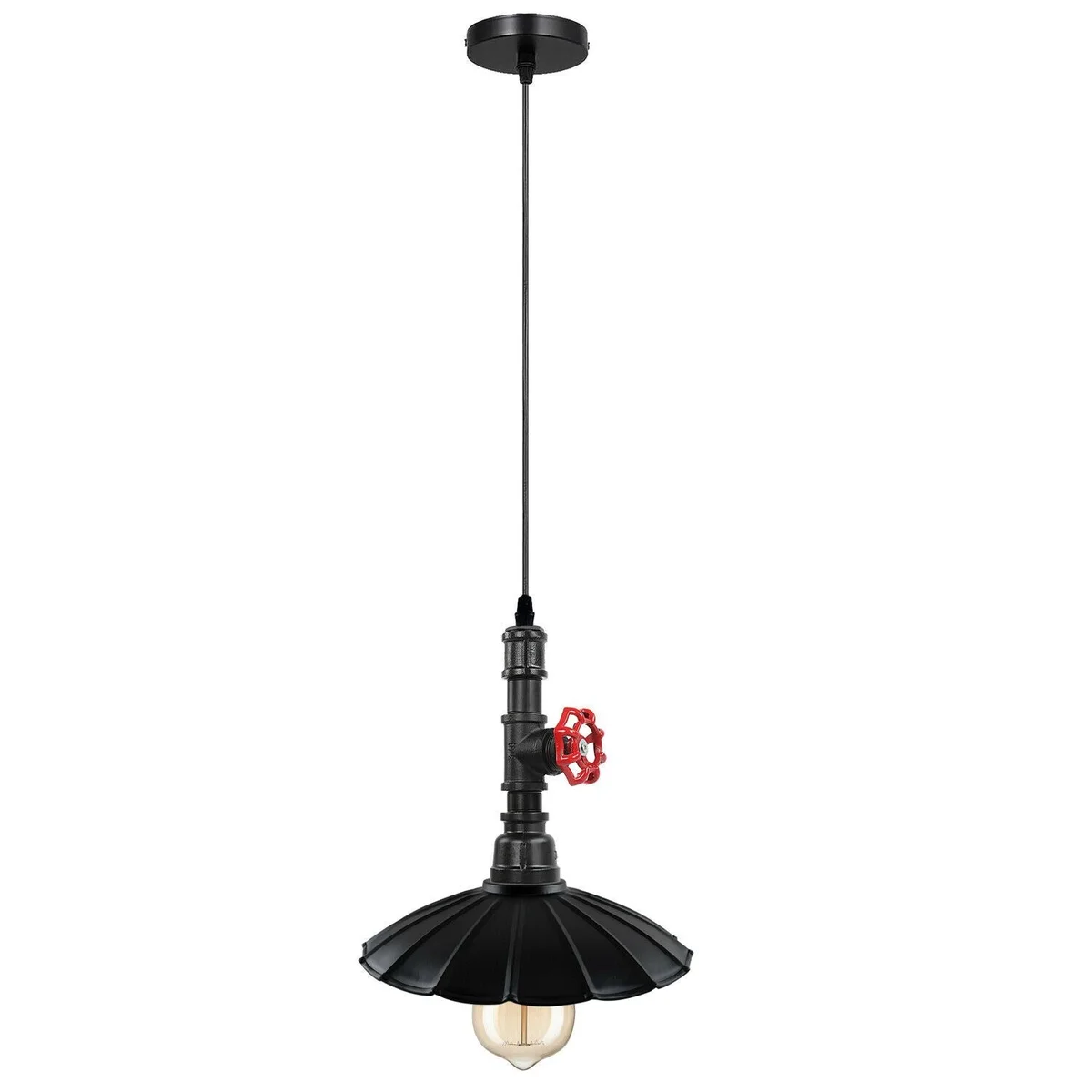 Black iron pipe vintage industrial pendant light with lampshade, E27 socket, hanging from ceiling