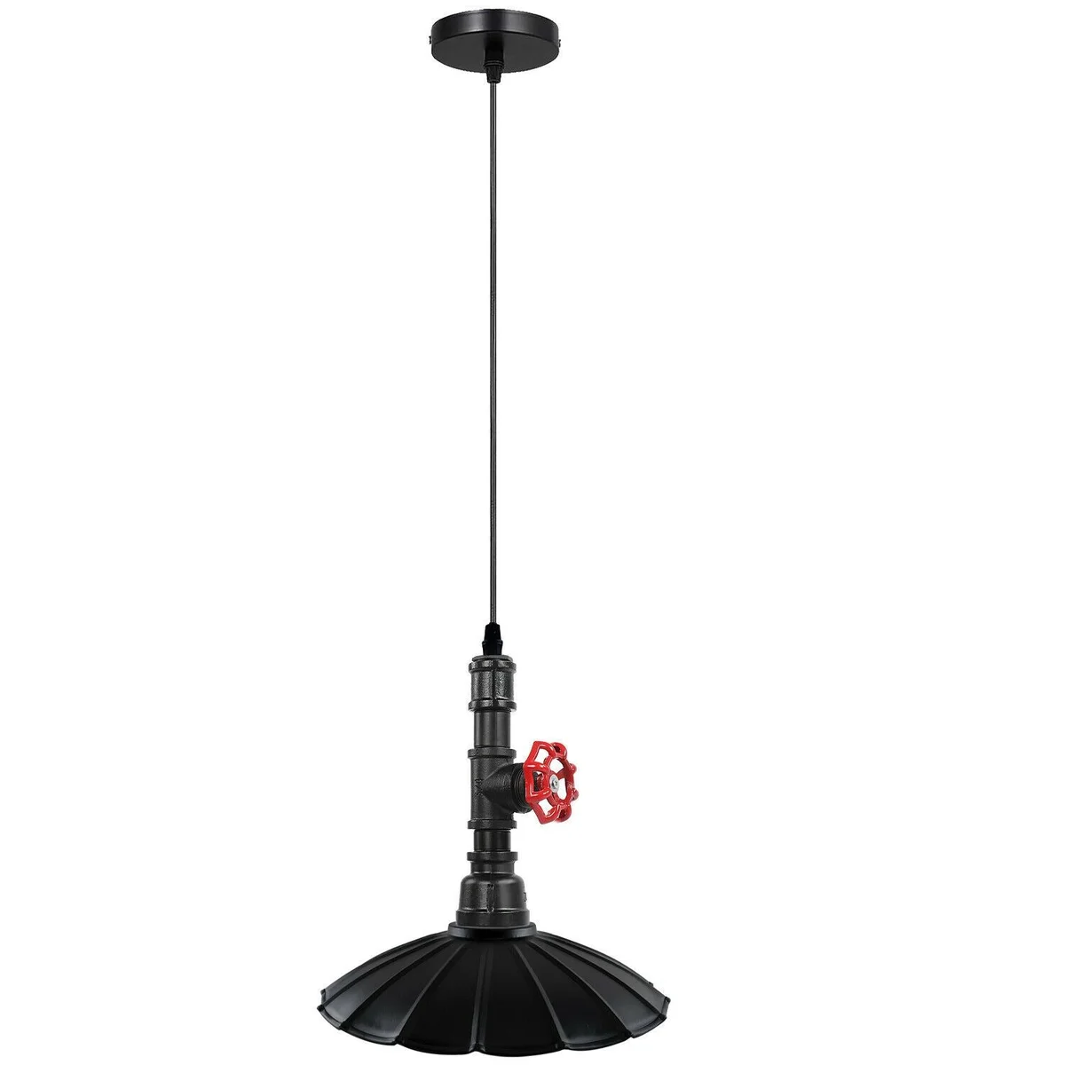 Vintage industrial pendant light with black iron pipe, lampshade, E27 socket, hanging from ceiling