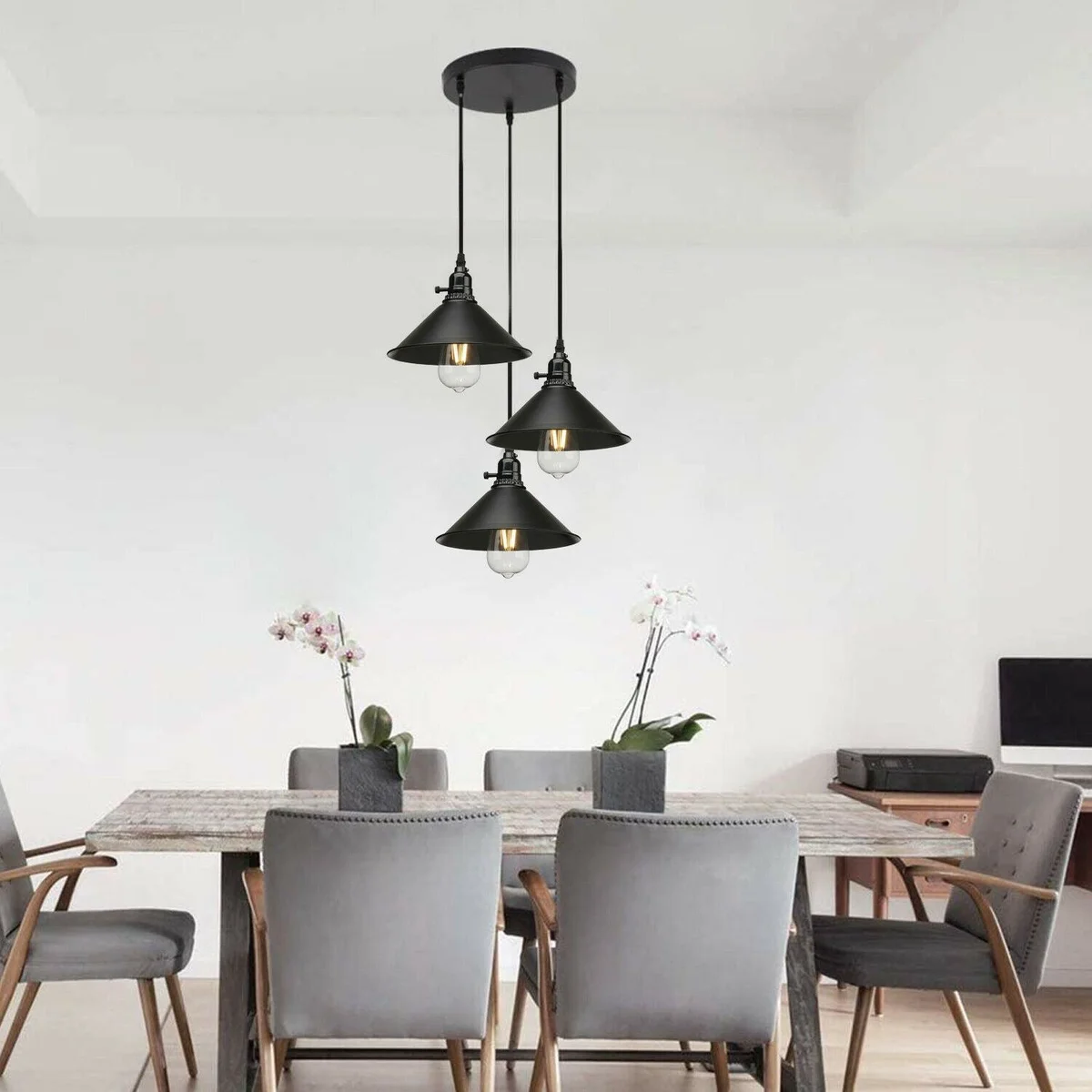 Metal cluster pendant light with black metal shades and PVC cable, vintage industrial style
