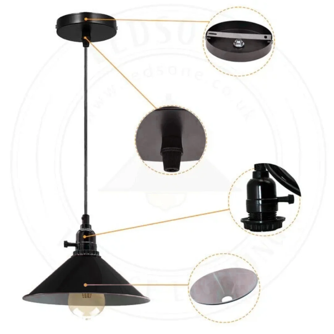 Cluster pendant light with black metal retro loft lampshade, E27 base, 3 heads, 95 cm PVC cable.